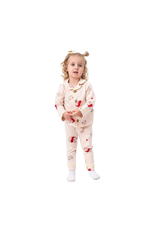 Unisex Salmon Yellow Piping Red Teddy Bear Print Double Breasted Lapel Pajamas Set