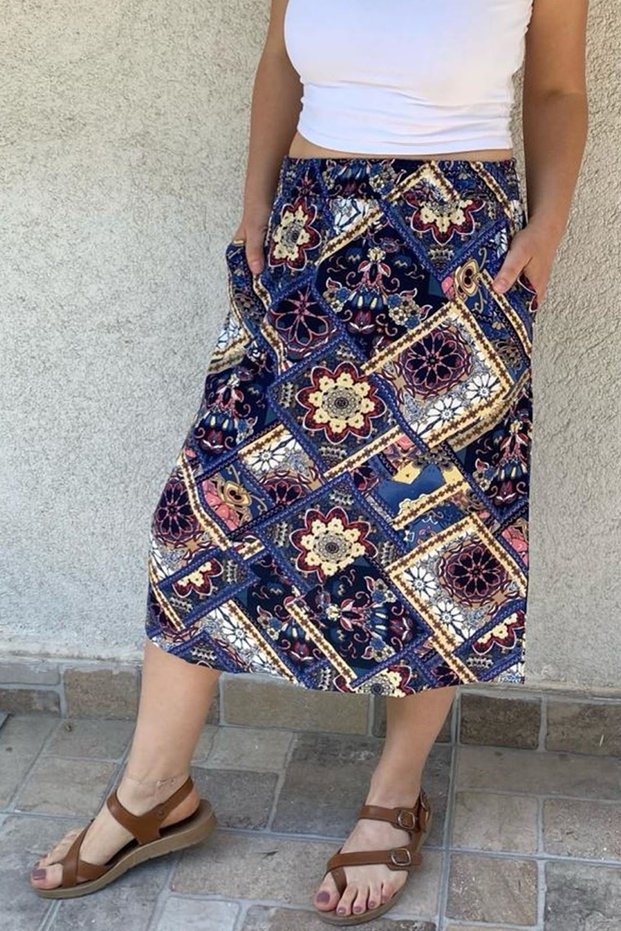 Women's Colorful Navy Blue Pocketed Summer Midi Skirt 12D-5068