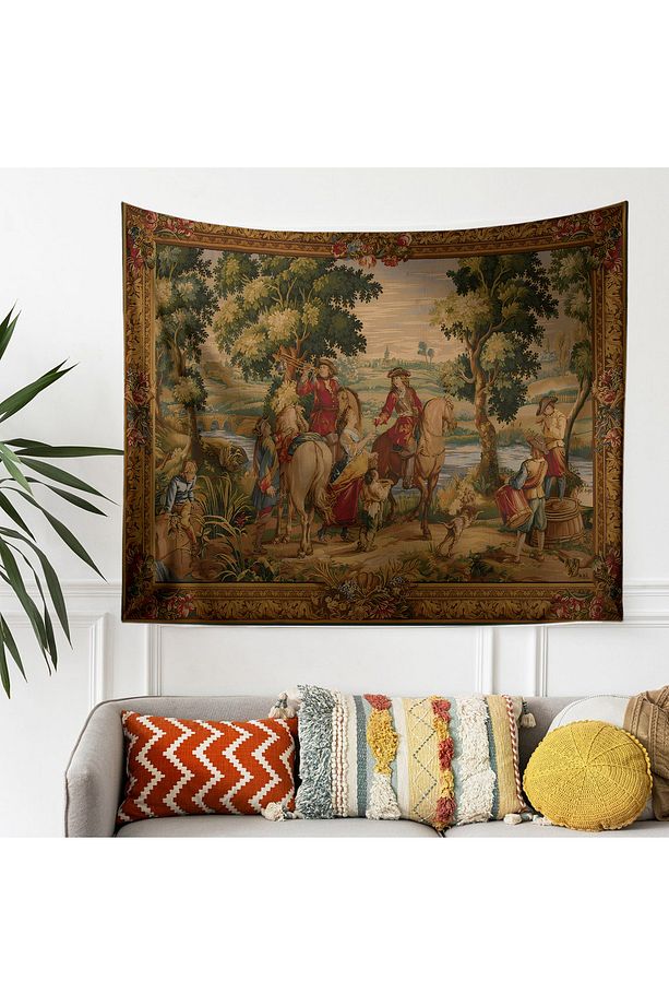 Vintage Fransız Retro Av Desenli Duvar Örtüsü Duvar Halısı Tapestry - 5