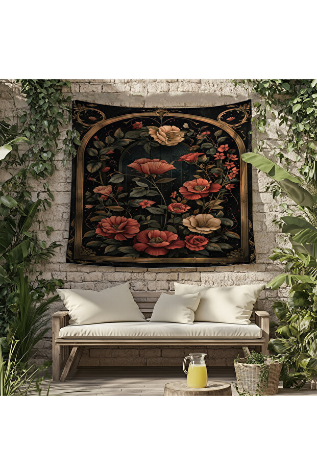 Vintage Kırmızı Çiçekler Desenli Duvar Örtüsü Duvar Halısı Tapestry - 8