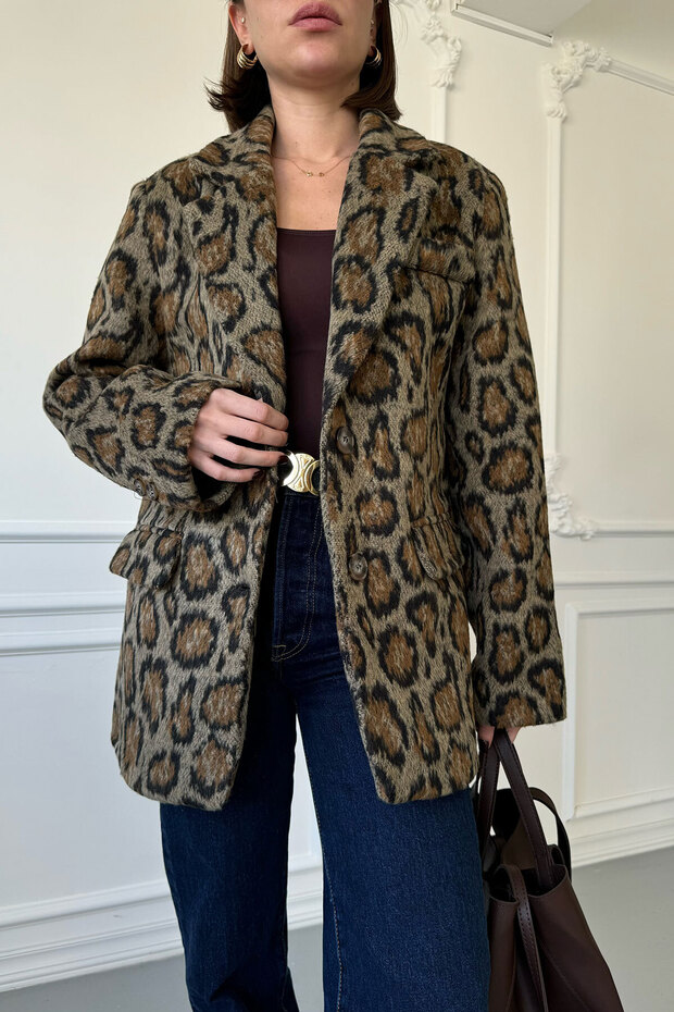 Double Breasted Stamp Leopard Jacket - Black - 3