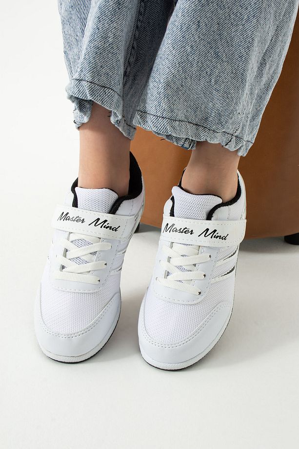Çocuk Beyaz Siyah Bağcıklı Tek Cırtlı Esnek Hafif Nefes Alabilen Unisex Fileli Sneaker Spor Ayakkabı - 1