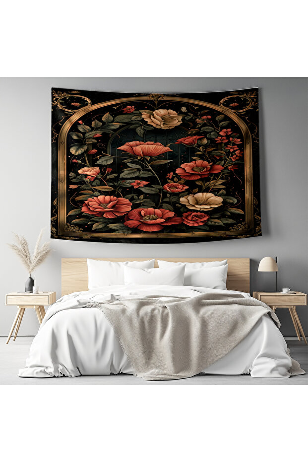 Vintage Kırmızı Çiçekler Desenli Duvar Örtüsü Duvar Halısı Tapestry - 4