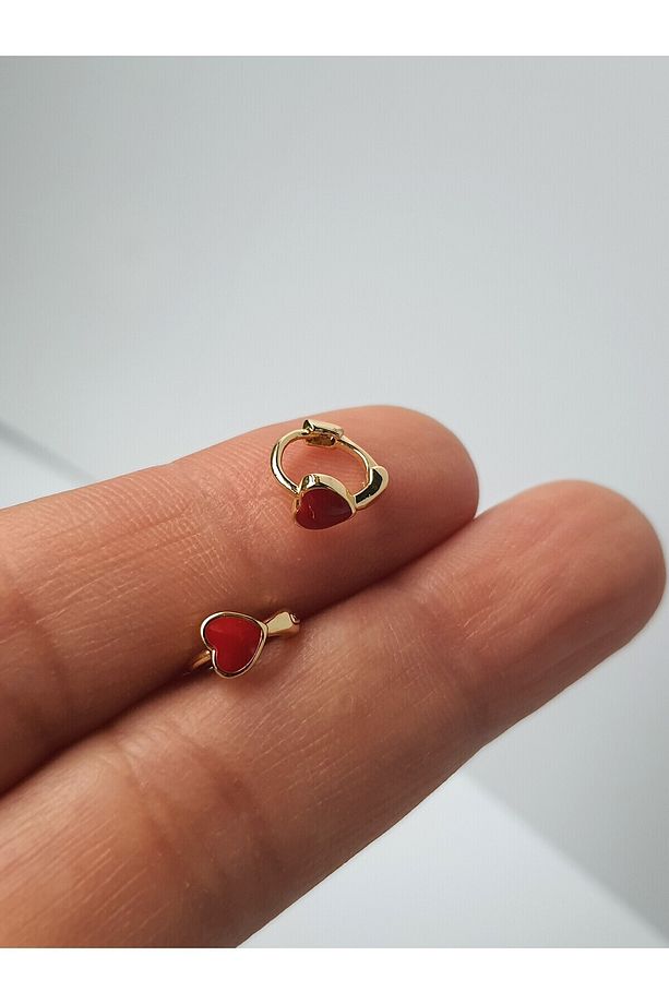 Aşk Kalp Kırmızı Gold Renk Çelik Tragus Helıx Lobe Piercing Tek Adet - 6