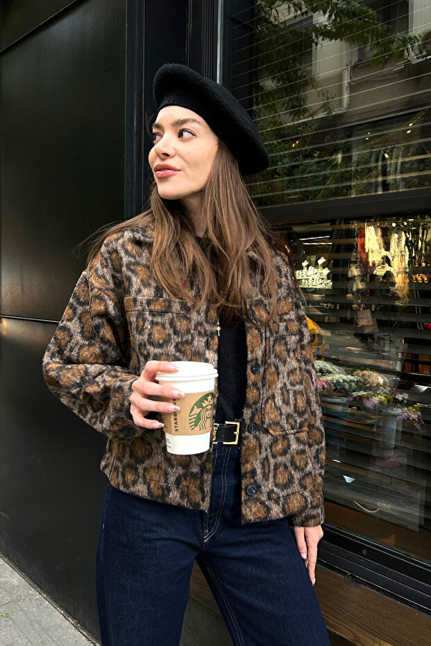 سترة قصيرة بنمط الفهد - أسود - 3