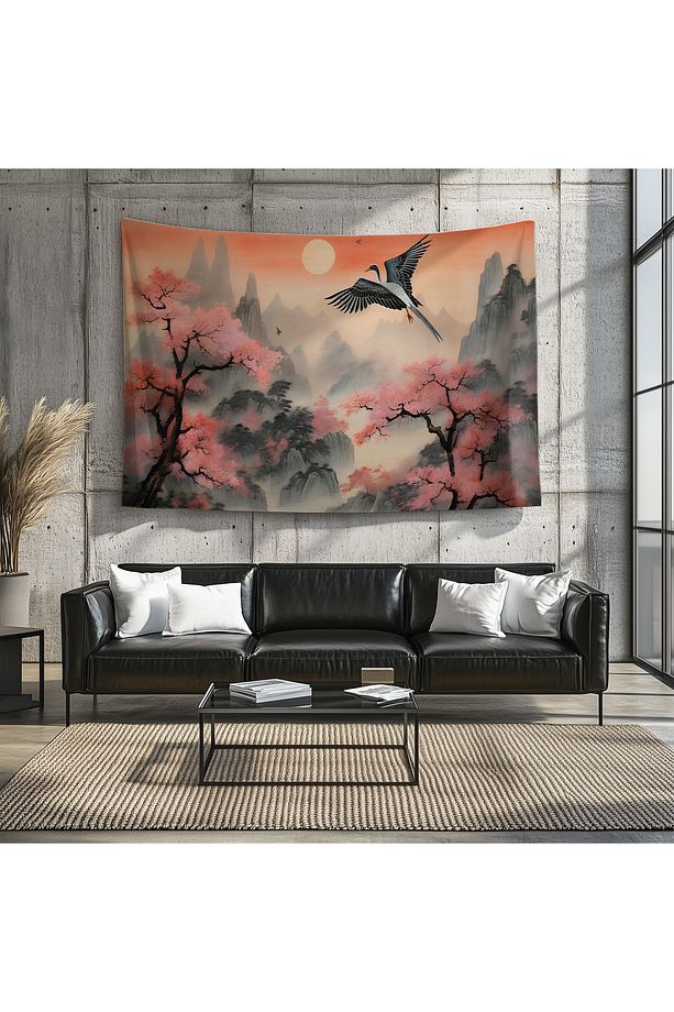 Japon Tarzı Sakura Doğa Manzara Desenli Duvar Örtüsü Duvar Halısı Tapestry - 6