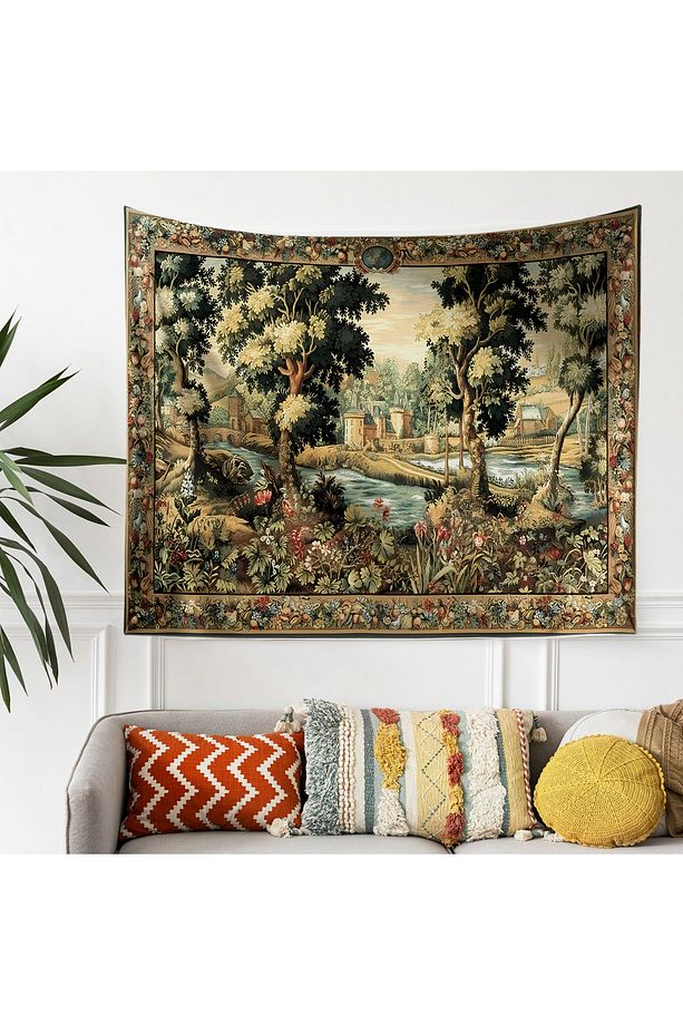 Vintage Fransız Retro Kale Desenli Duvar Örtüsü Duvar Halısı Tapestry - 6