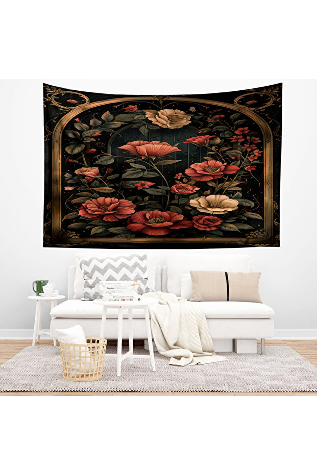 Vintage Kırmızı Çiçekler Desenli Duvar Örtüsü Duvar Halısı Tapestry - 2