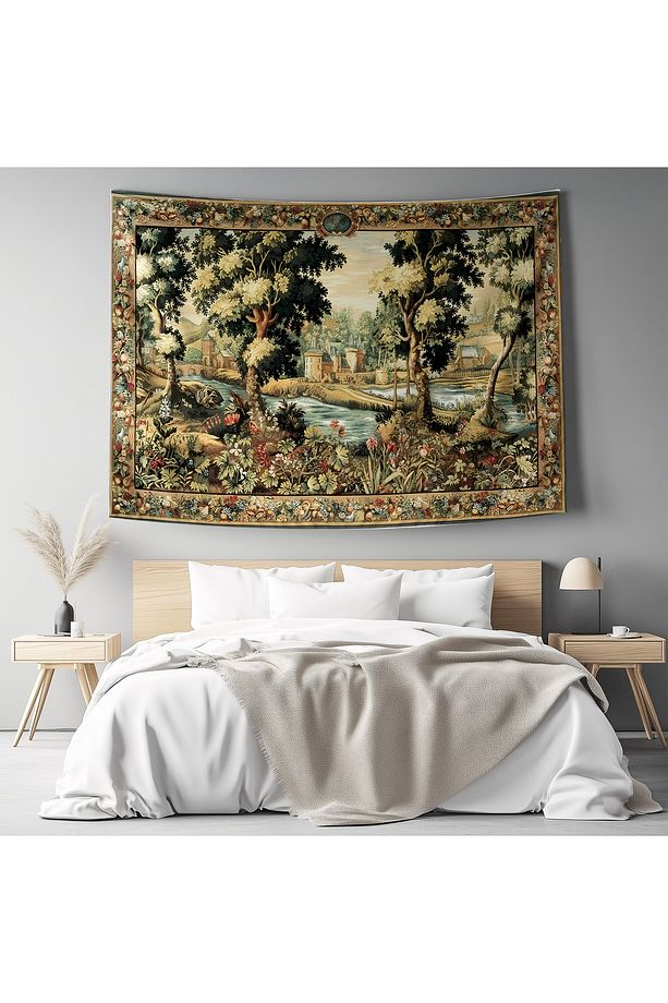 Vintage Fransız Retro Kale Desenli Duvar Örtüsü Duvar Halısı Tapestry - 7