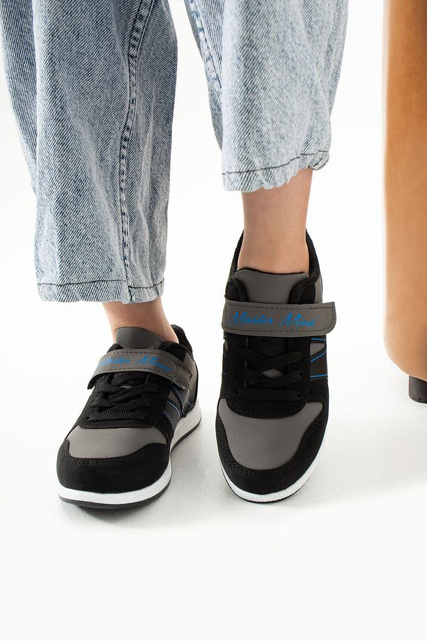 Çocuk Siyah Sax Mavi Bağcıklı Tek Cırtlı Esnek Hafif Suni Deri Unisex Sneaker M Serisi Spor Ayakkabı - 3