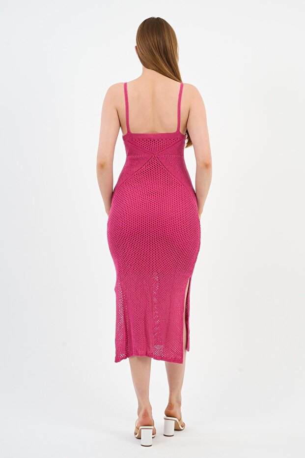 Askılı V Yaka Ajurlu Yırtmaçlı Uzun Triko Elbise (A92533-S) - 8