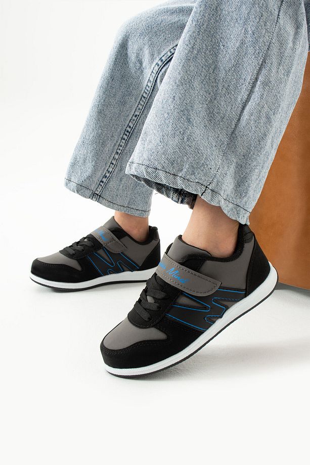 Çocuk Siyah Sax Mavi Bağcıklı Tek Cırtlı Esnek Hafif Suni Deri Unisex Sneaker M Serisi Spor Ayakkabı - 2