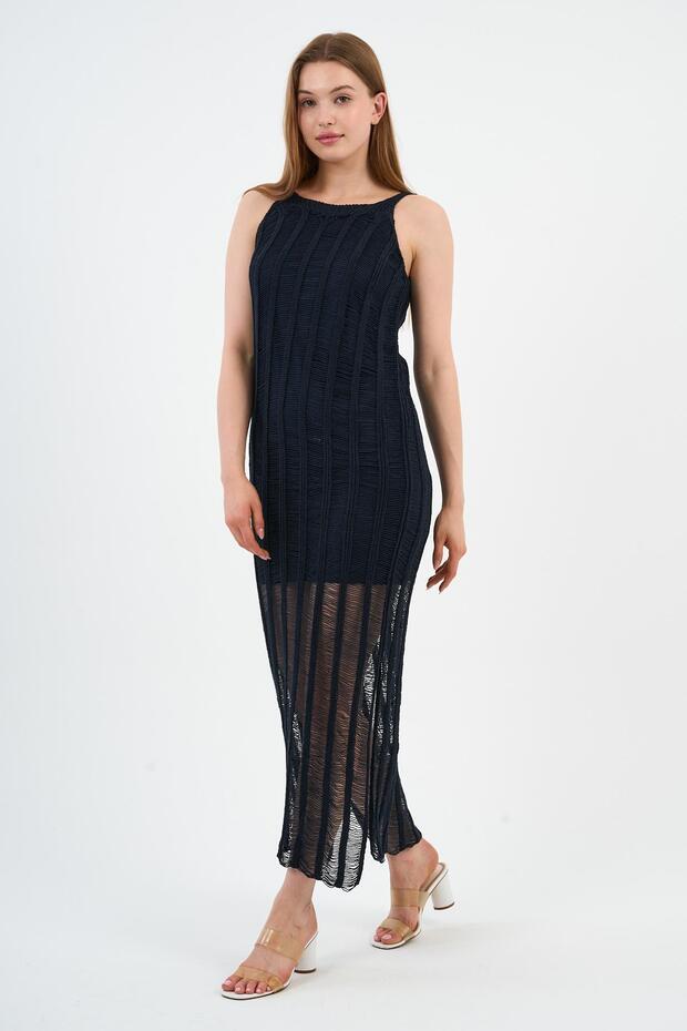 Yırtmaçlı Ajurlu Uzun Triko Elbise Elbise (A24-10180) - 7