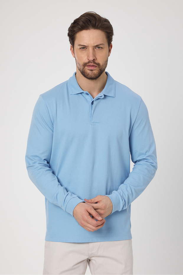 Fonte Men's Blue 100% Cotton Pique Knitted Stretchy Fabric Slim Fit Long Sleeve Polo T-Shirt
