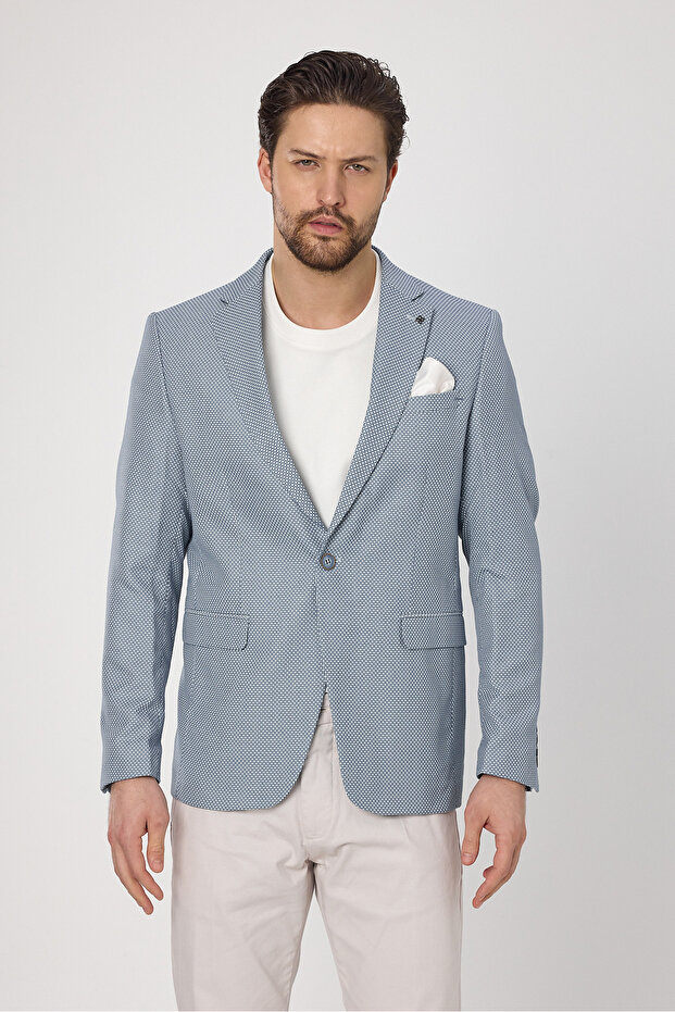 Alturo Men's Blue Spring-Summer Honeycomb Pattern Regular Fit Blazer Jacket