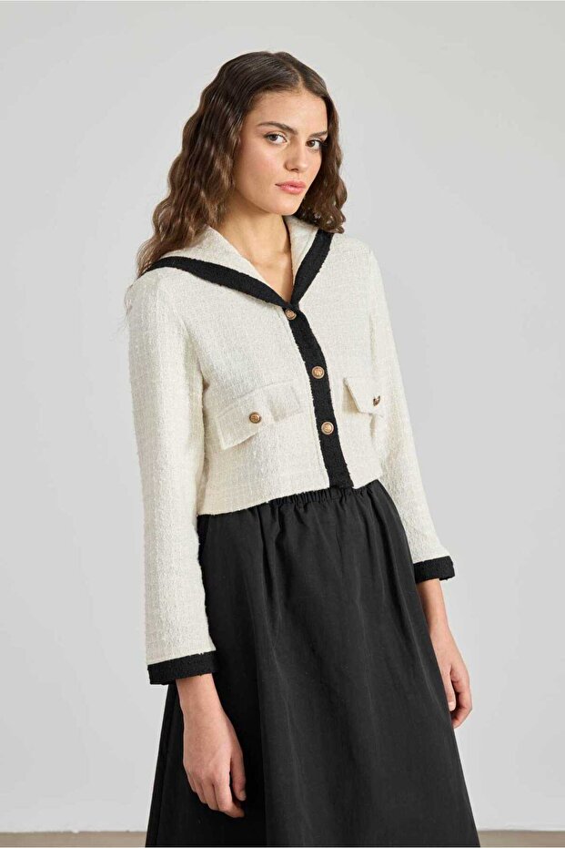 Sailor Collar Tweed Jacket Ecru