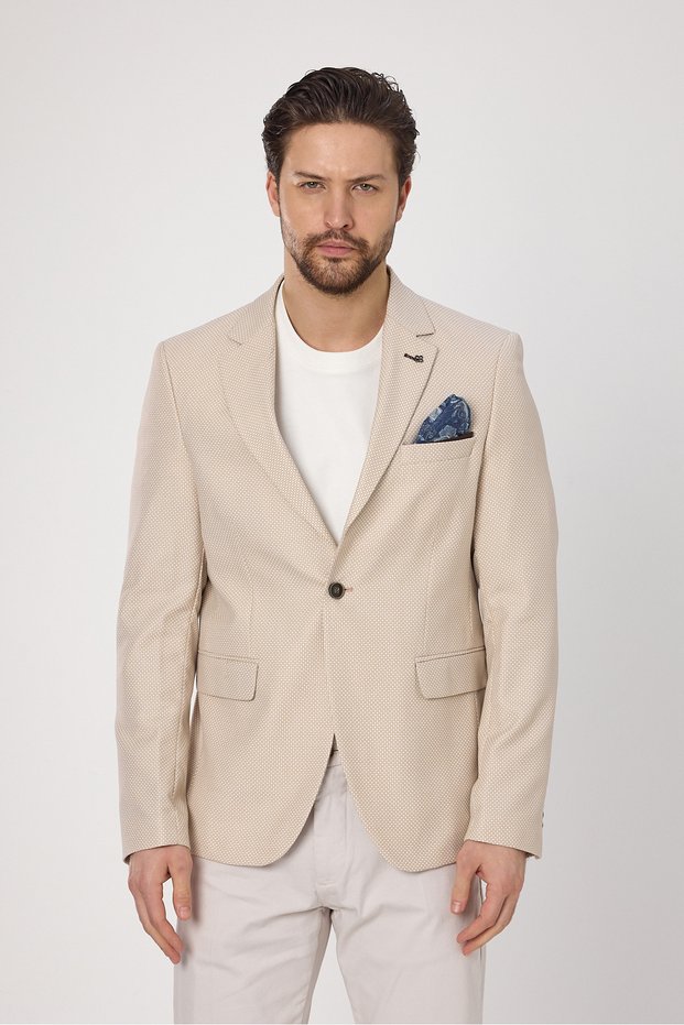 Alturo Men's Beige Spring-Summer Honeycomb Print Regular Fit Blazer Jacket