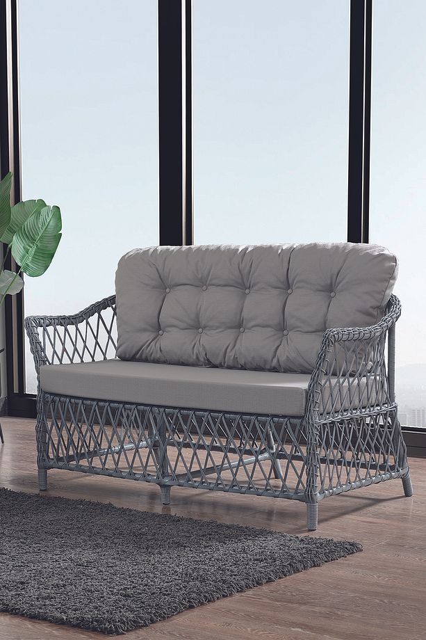 Icon Rattan Bahçe Balkon Oturma Takımı 2+1+1+Camlı Masa Gri - 2