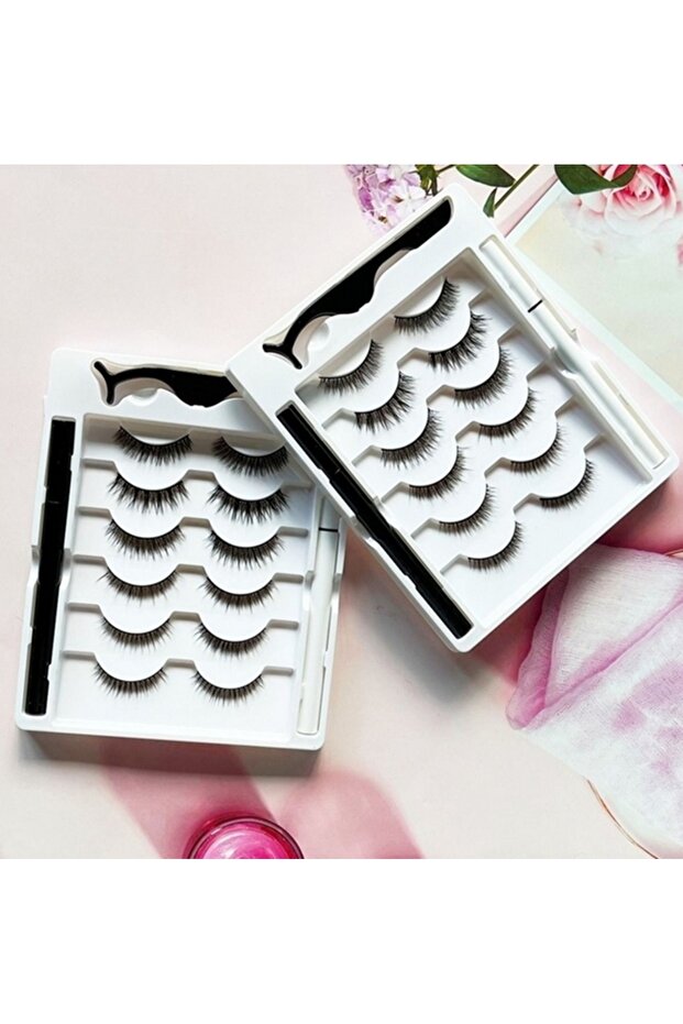12 ADET Takma kirpik seti 6 farklı Çift - 2 Adet Mıknatıslı Likit Eyeliner Yapıştırıcı - 6