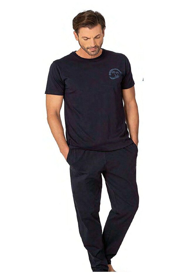6079 Men's Short Sleeve Crew Neck Pajamas Set-Navy
