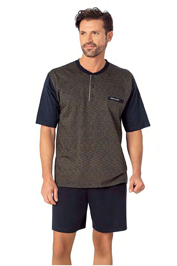 6088 Men's Short Sleeve 3-Piece Jacquard Pajamas Set-Khaki