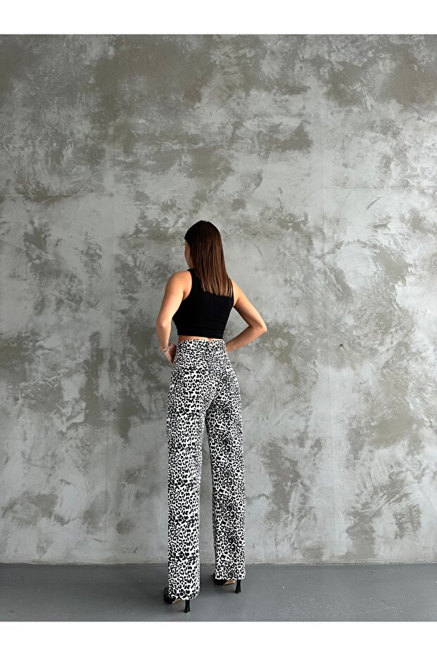 Kadın Sahra Leopar Desenli Yüksek Bel Geniş Paça Pantolon - 7