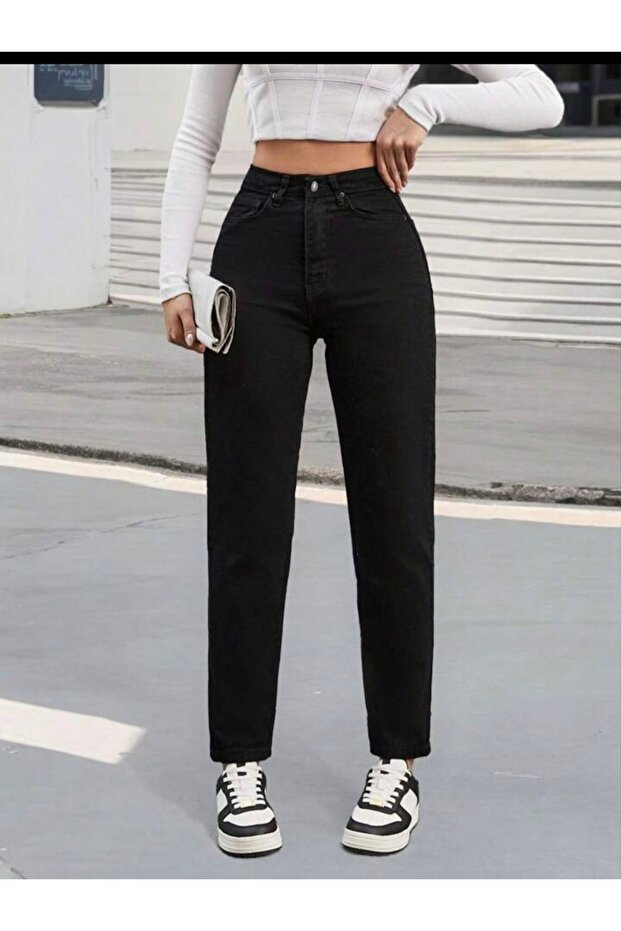 Black Mom Jean Women's Pants, No Knee-Cut Jeans, See Size Chart, Casual School Pants