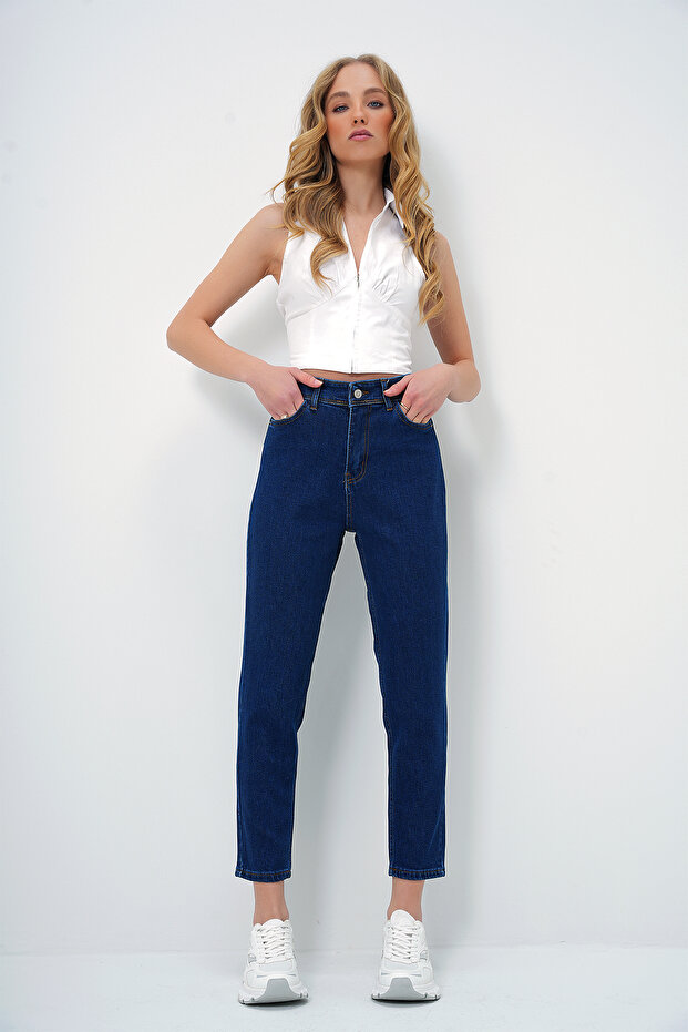 Damskie granatowe jeansy Mom Jeans z regularnym stanem i wąską nogawką, sprane, Alc-X13406 - 1