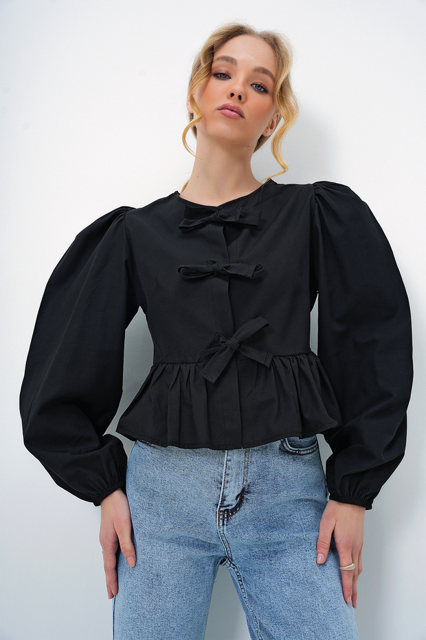 Women's Black Crew Neck Tie-Detail Bow Princess Sleeve Poplin Blouse ALC-X13375