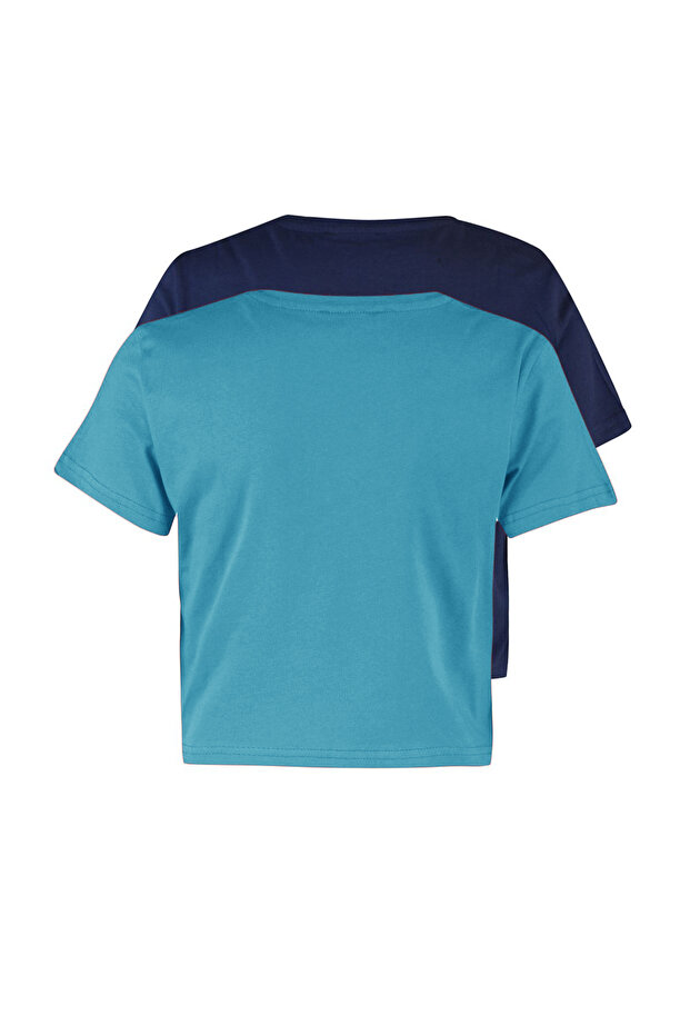Lacivert-Turkuaz 2'li Paket %100 Pamuk Crop Bisiklet Yaka Örme T-Shirt TWOSS20TS1480 - 7
