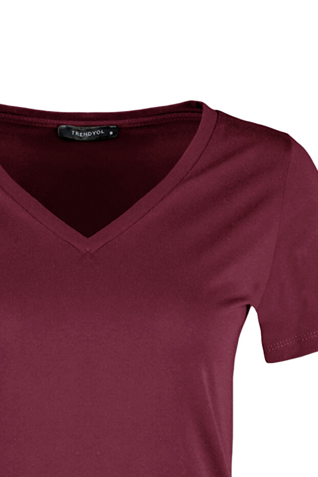 Koyu Vişne %100 Pamuk Basic V Yaka Örme T-Shirt TWOSS23TS00001 - 6