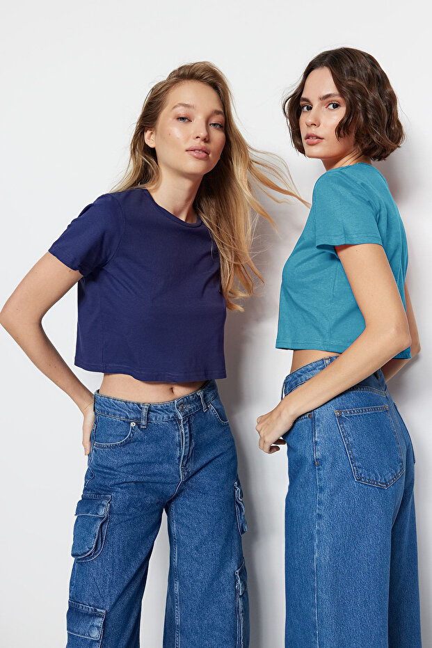 Lacivert-Turkuaz 2'li Paket %100 Pamuk Crop Bisiklet Yaka Örme T-Shirt TWOSS20TS1480 - 1