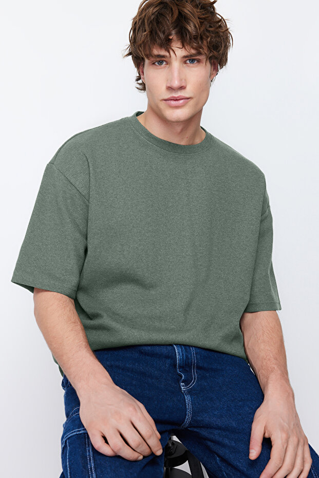 Basic Mint Oversize/Geniş Kesim Dokulu Waffle Kısa Kol T-Shirt TMNSS22TS00049 - 4