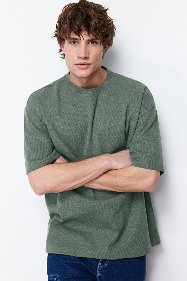 Basic Mint Oversize/Geniş Kesim Dokulu Waffle Kısa Kol T-Shirt TMNSS22TS00049 - 5