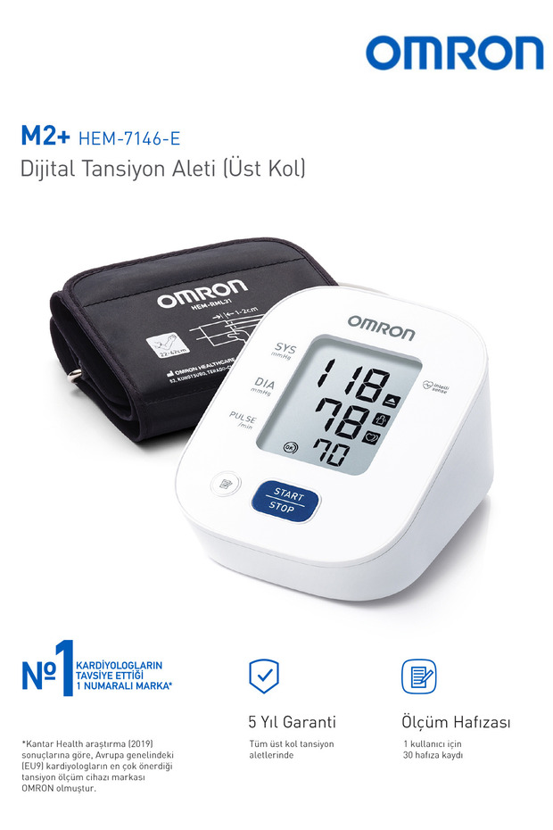 M2+ 30 Ölçüm Hafızalı Geniş Manşetli Üst Koldan Ölçer Dijital Tansiyon Aleti HEM-7146-E - 2