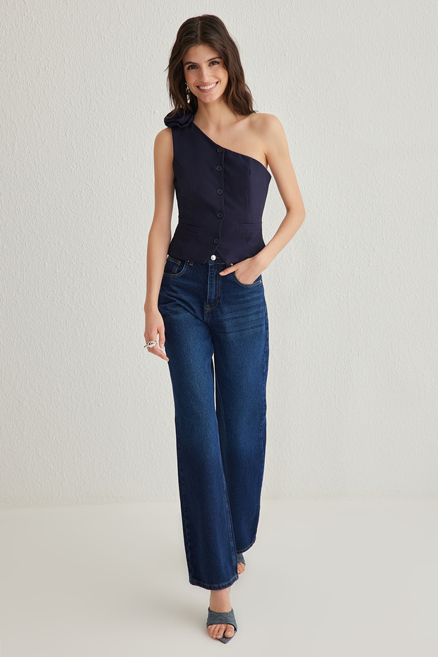 Koyu Lacivert Fitted Tek Omuz Güllü Crop Dokuma Yelek TWOSS24YE00038 - 2