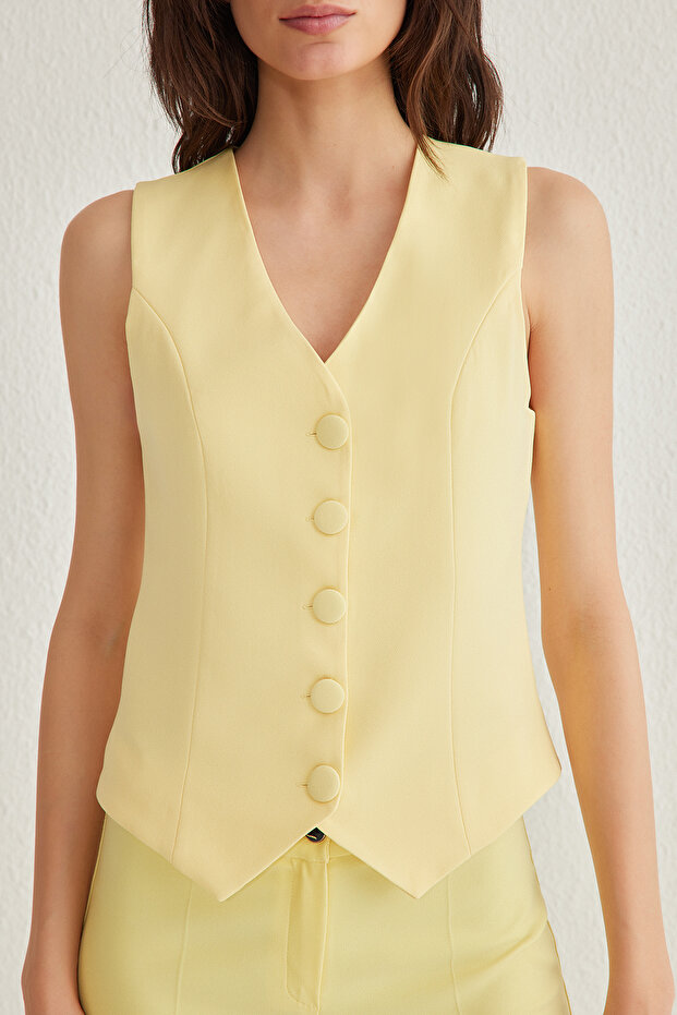 Sarı Fitted Düğmeli Crop Dokuma Yelek TWOSS21YE0009 - 3