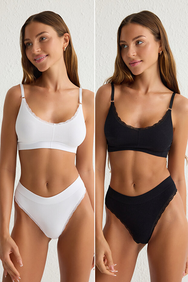 2er-Pack schwarz-weiße nahtlose Spitzen-Tanga-Höschen THMSS25KU00014 - 1