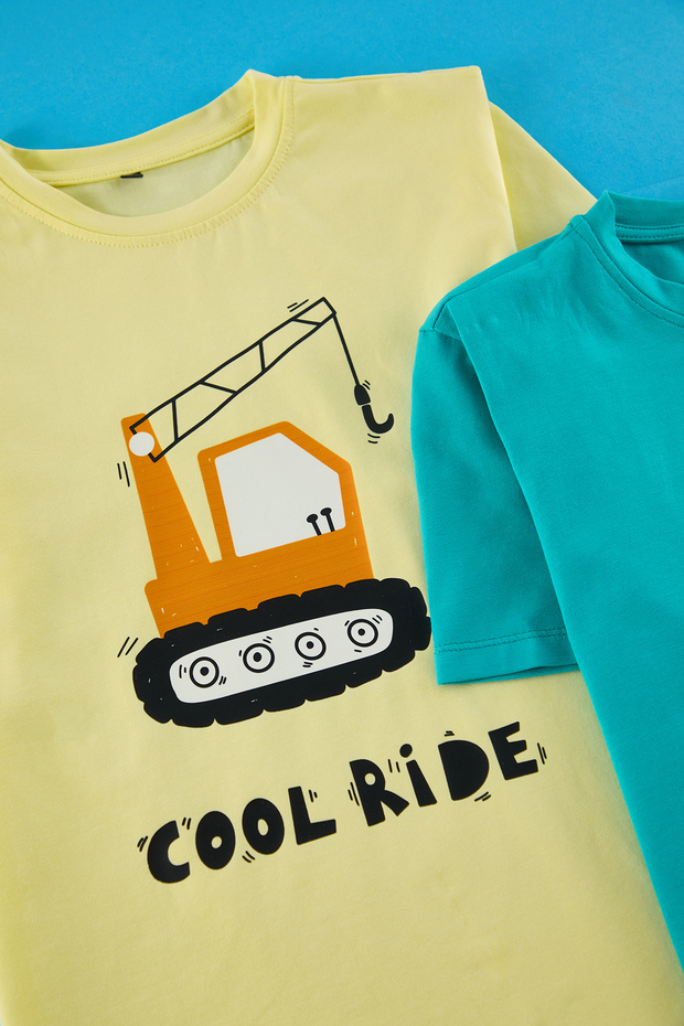 Petrol-Sarı 2'li Erkek Çocuk Pamuklu İş Arabalı Regular Kalıp Kısa Kol Örme T-Shirt TKDSS25TS00057 - 2
