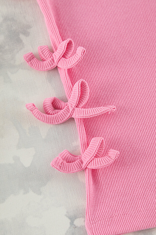 Pembe Kız Çocuk Pamuklu Regular Kalıp Fiyonk Detaylı Kısa Kol Örme T-Shirt TKDSS25TS00048 - 3