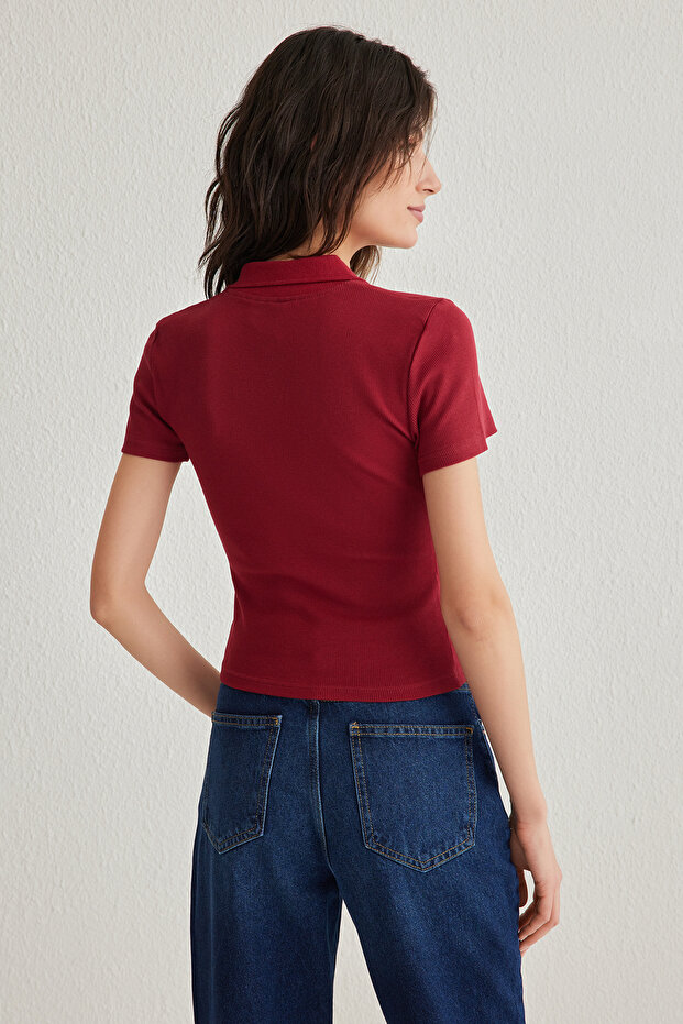 Bordo Fitted/Vücuda Oturan Polo Yaka Esnek Örme Bluz TWOSS25BZ00039 - 5