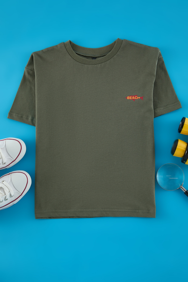 Haki Erkek Çocuk %100 Pamuk Sırt Baskılı Regular/Normal Kalıp Kısa Kol Örme T-Shirt TKDSS25TS00038 - 3