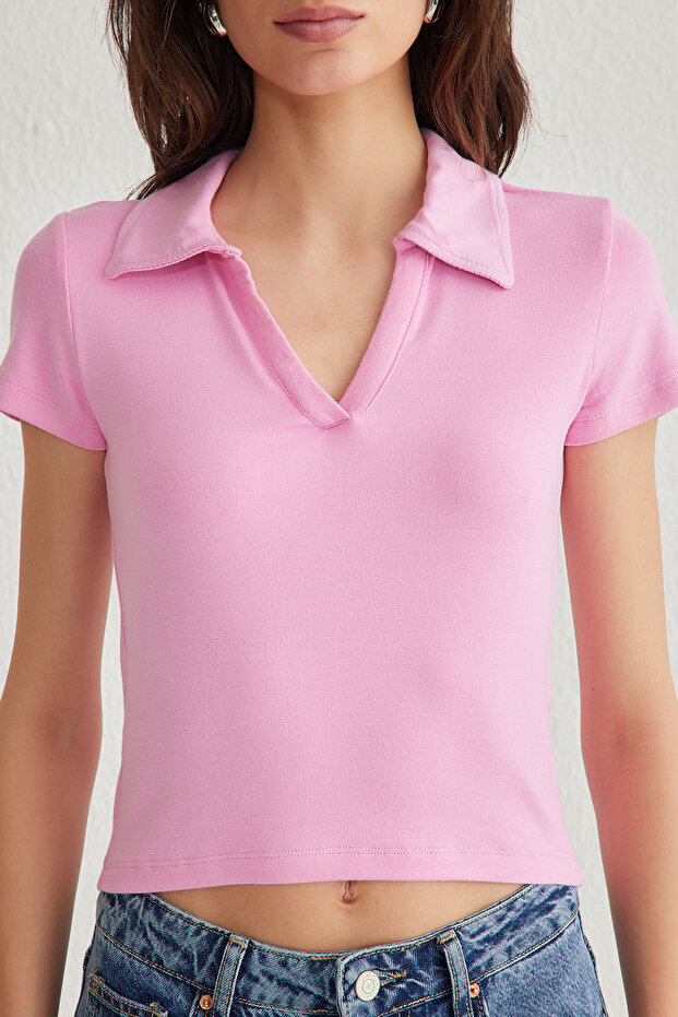 Açık Pembe Düz Fitted/Vücuda Oturan Polo Yaka Örme Bluz TWOSS25BZ00003 - 3