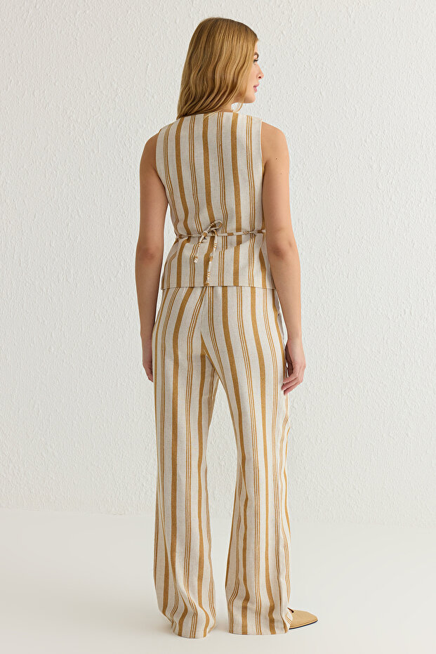 Çok Renkli Çizgili Kare Yaka Yelek ve Wide Leg Pantolon Dokuma Alt-Üst Takım TWOSS25AU00032 - 5