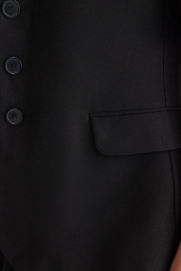 Siyah Kısa Kollu Kemersiz Dokuma Blazer Ceket TWOSS25BC00002 - 4
