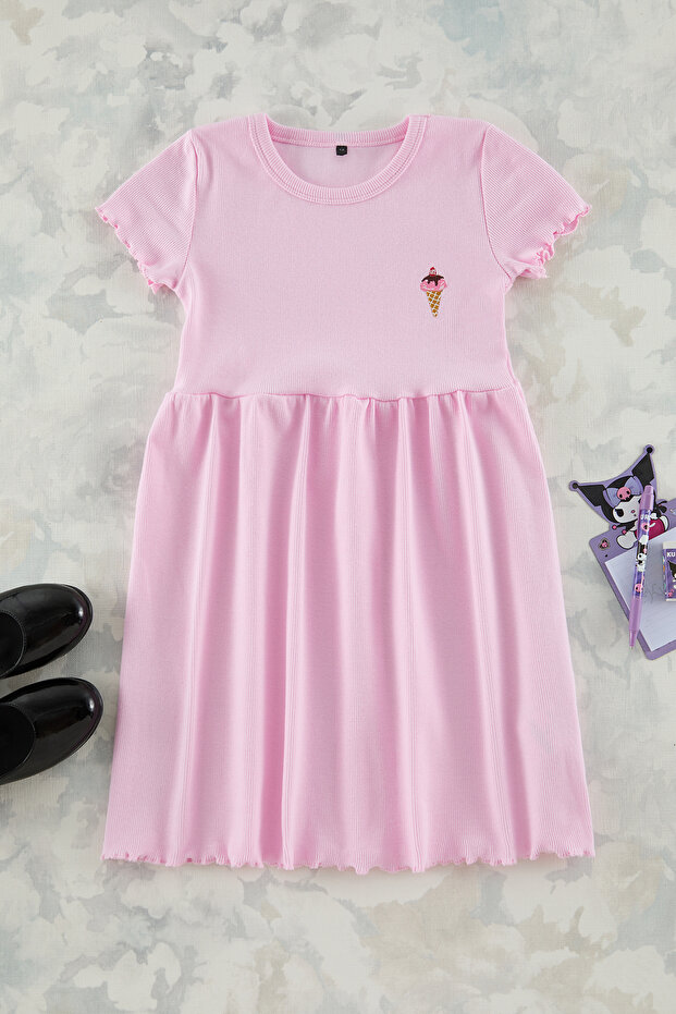 Açık Pembe Kız Çocuk Pamuklu Esnek Mini Nakışlı Örme Elbise TKDSS25EL00008 - 1