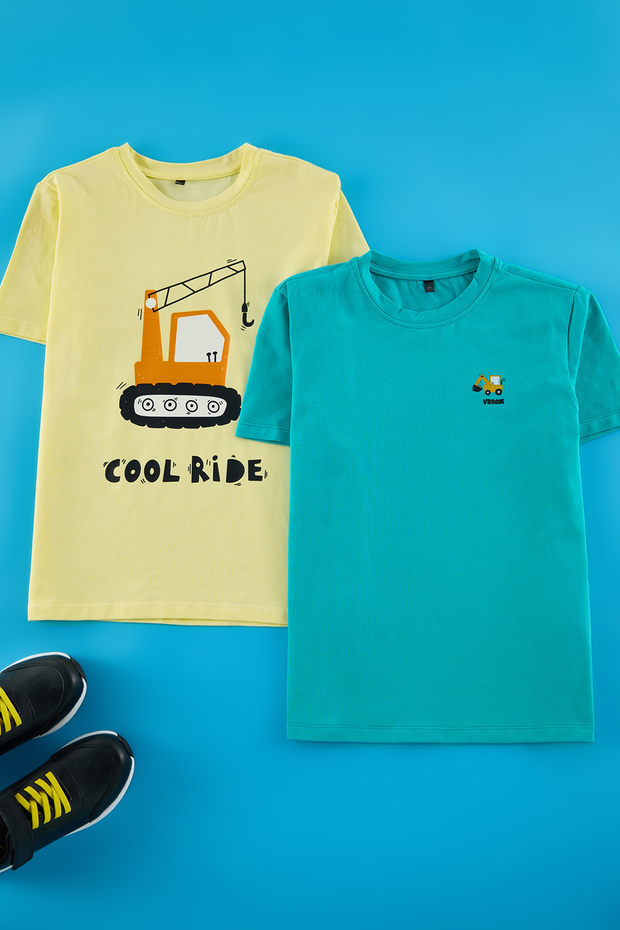 Petrol-Sarı 2'li Erkek Çocuk Pamuklu İş Arabalı Regular Kalıp Kısa Kol Örme T-Shirt TKDSS25TS00057 - 1
