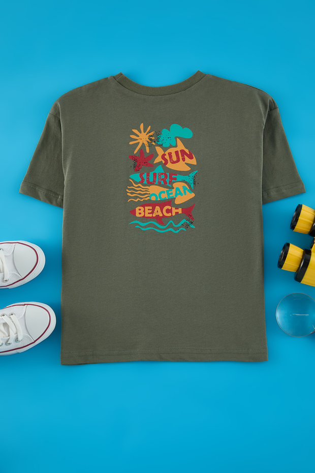 Haki Erkek Çocuk %100 Pamuk Sırt Baskılı Regular/Normal Kalıp Kısa Kol Örme T-Shirt TKDSS25TS00038 - 2