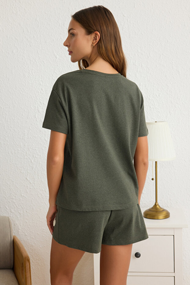 Haki %100 Pamuklu Kalp Patchli Şortlu Örme Pijama Takımı THMSS25PT00155 - 5
