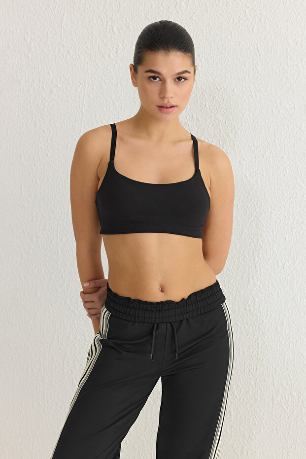 Siyah Fırçalı Soft Kumaş Baskılı Destekli/Şekillendirici Askılı Örme Spor Sütyeni THMSS25SS00009 - 3